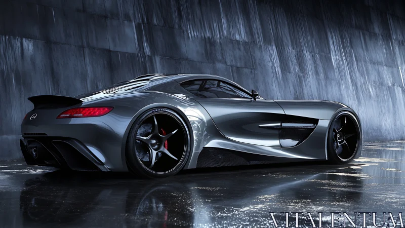 Low silver supercar on wet ground in dark tunnel setting.