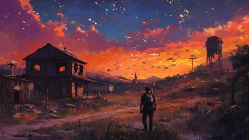 Wanderer walks into a glowing sunset over a quiet ruined town