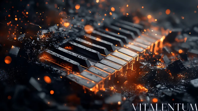 Molten piano keyboard rendered with high contrast volumetric embers