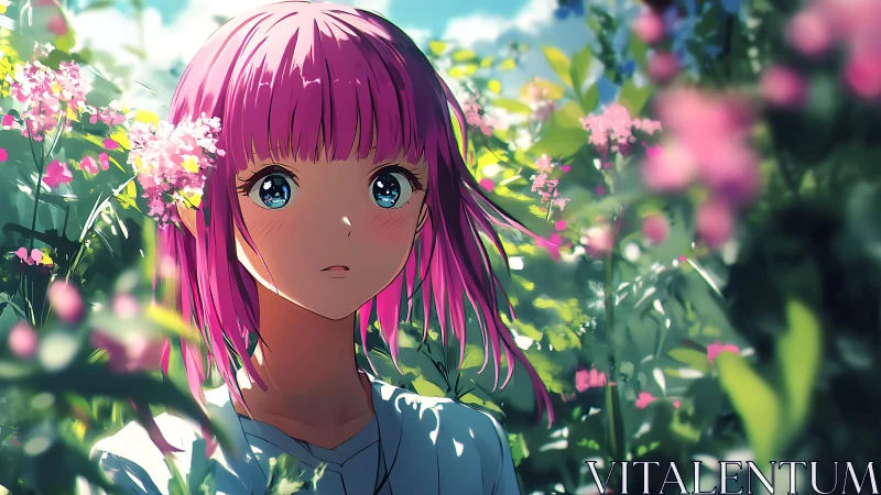 Pink haired anime girl standing among dense garden flowers.