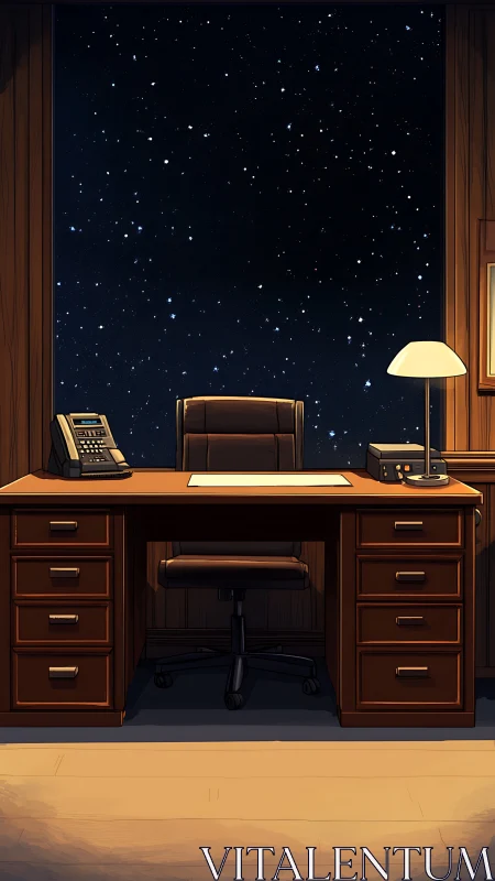 Midnight office desk facing panoramic starfield window view