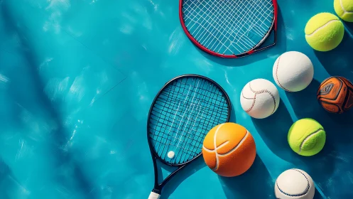 Sports rackets and assorted balls on bright blue court