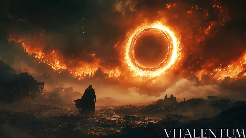 Cloaked figure observes large fiery ring over ruined landscape