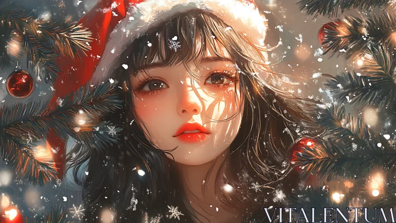 Snowlit holiday girl framed by glowing Christmas branches.