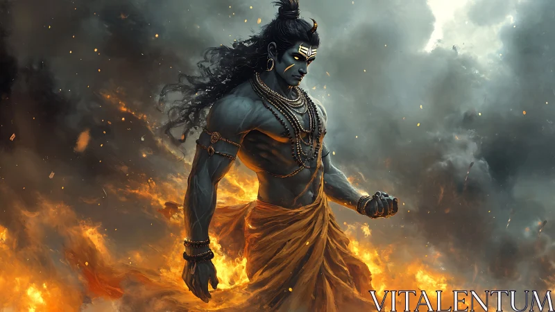 Divine blue warrior amid roaring flames and storm clouds.