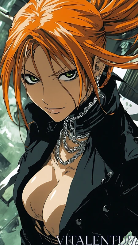 Fierce anime rebel stands confident in urban chaos