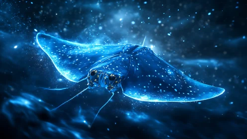 Bioluminescent manta ray glides through ethereal nebula waters.