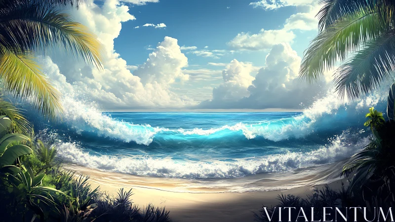 Sunlit tropical surf crashes onto a secluded palm beach