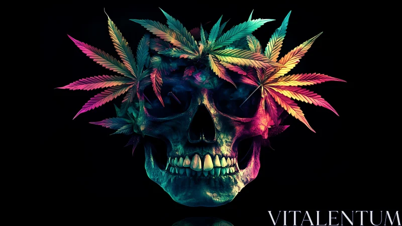 Chromatic human skull with neon cannabis leaf crown on black