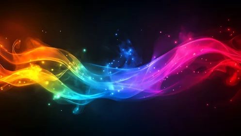 Colorful flowing light waves on dark abstract background.