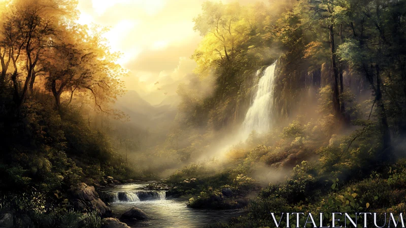 Golden-Hour Waterfall Cascading Through Temperate Forest Canyon.