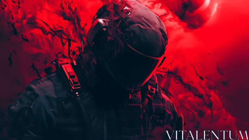 Helmeted sci‑fi soldier emerges through swirling red smoke