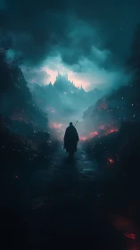 Cinematic digital painting of lone wanderer toward stormlit citadel.