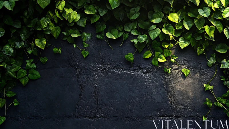 Emerald ivy curtain spilling over moody charcoal wall.