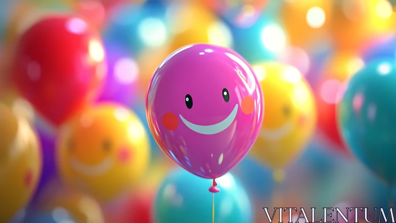 Pink smiling helium balloon amid colorful bokeh balloons