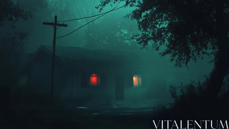 Foggy forest house with eerie red and yellow windows at night