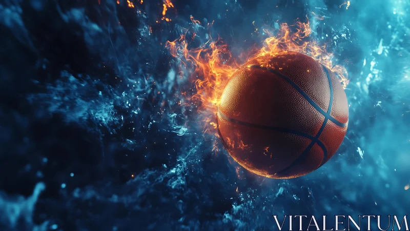 Burning basketball slices through electric blue water field.