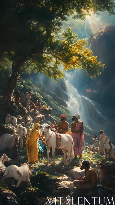 Sunlit village gathering with gentle cattle by a waterfall.