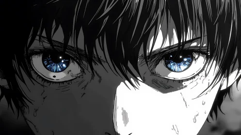 Intense anime close-up isolates blue irises with high-contrast linework