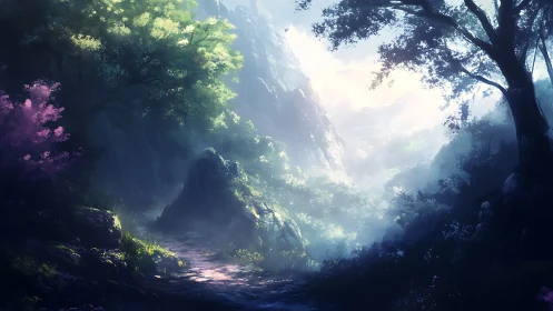 Luminous canyon carved through towering cliff formations.