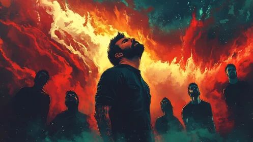 Group of men stand under vivid fiery sky looking upward