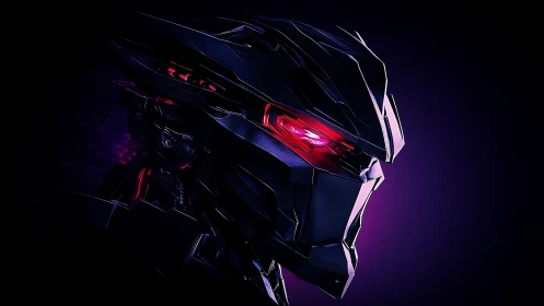 Cybernetic warrior head with glowing red visor profile.