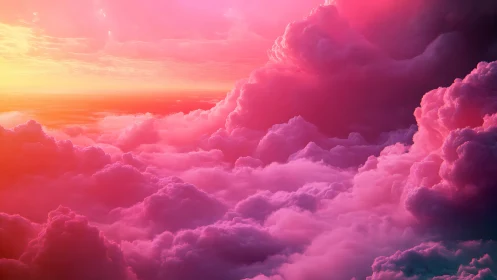 Radiant pink storm clouds glow in a tranquil fantasy sky