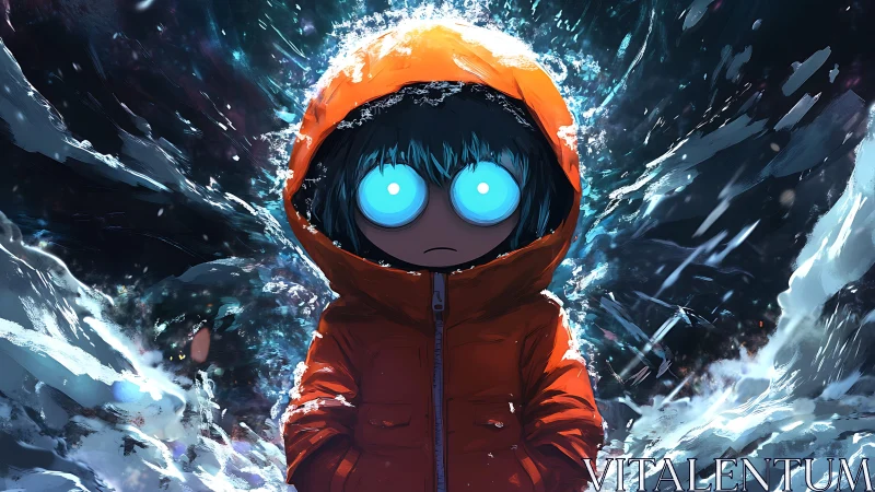 Glowing-eyed child in red parka amid turbulent digital blizzard.