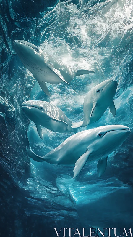 Graceful white whales drift through luminous arctic waters