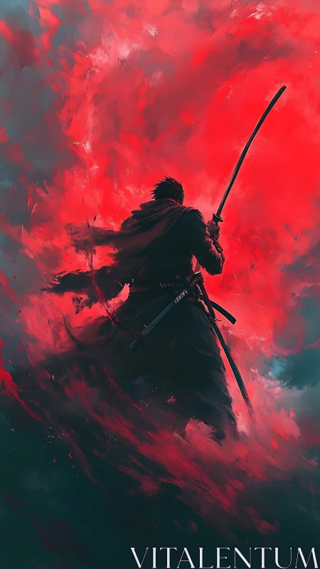 Lone katana warrior emerging through crimson storm clouds.