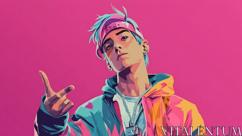Stylized digital portrait depicts youth in colorful streetwear