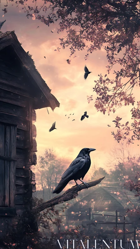 Backlit raven on decayed wooden cabin at dusk with flock overhead
