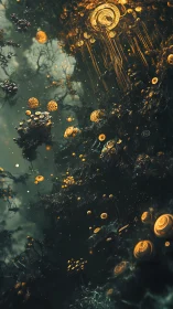 Golden fractal orbs suspended in dark abstract space.