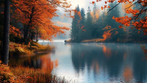 Calm forest lake with vivid orange autumn foliage reflections.