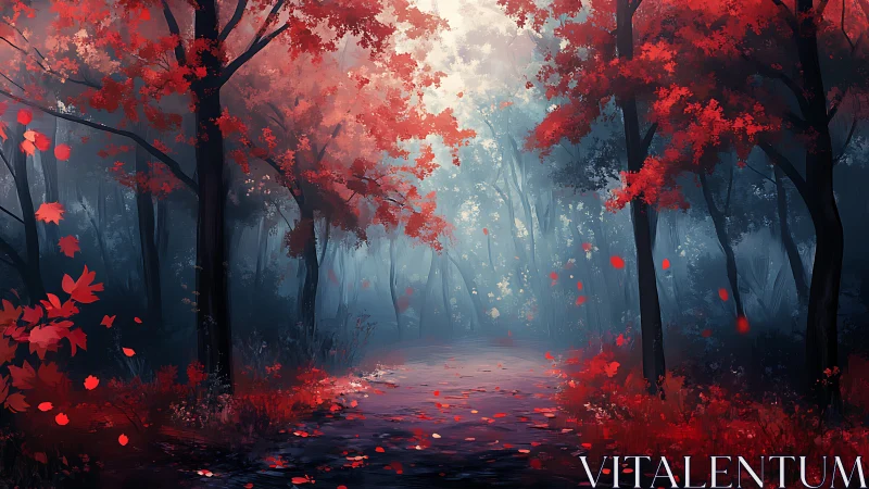 Crimson Forest Canopy: Autumn Leaves Cascade Through Misty Woodland Path