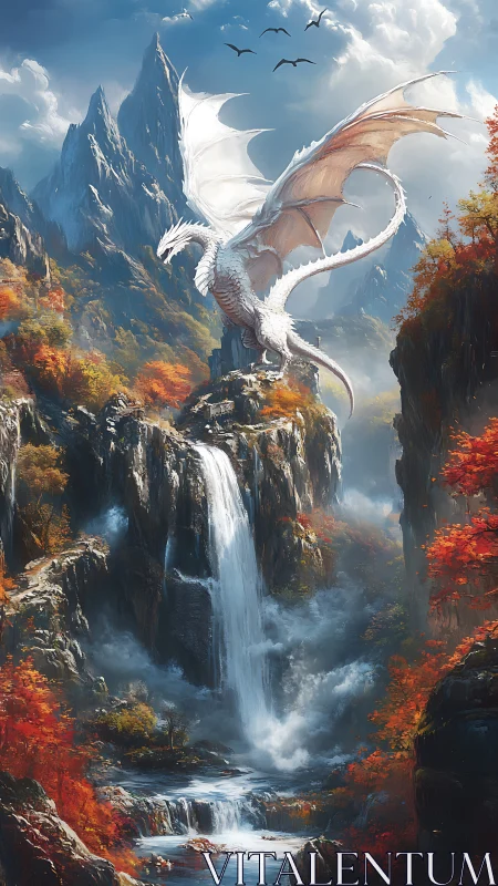 White alpine dragon over cascading mountain waterfall gorge