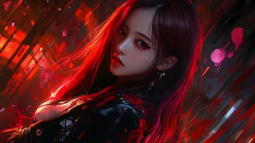 Neon-lit cyberpunk girl amid red abstract urban storm.