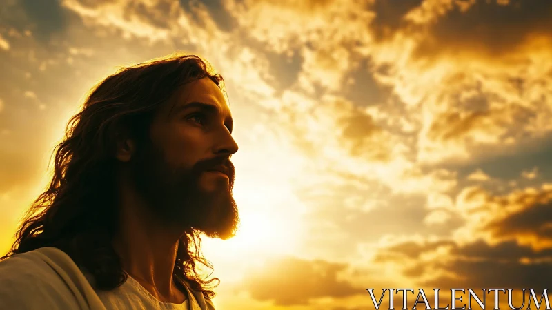 Golden sky portrait of a serene, thoughtful wanderer.