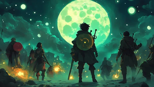 Group of armed figures stands before large luminous moon