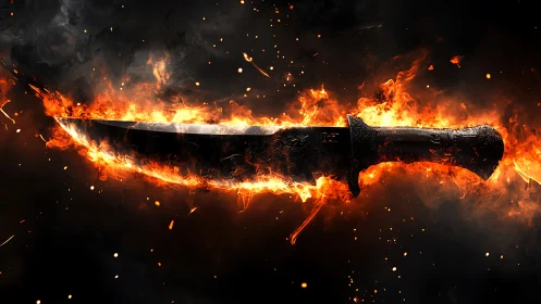 Knife engulfed in intense flames and burning embers against black background