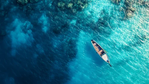 Aerial view isolates lone boat over cyan reef-gradient sea