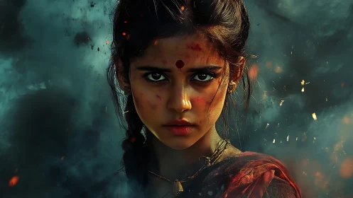 Intense portrait of determined young woman in smoke.