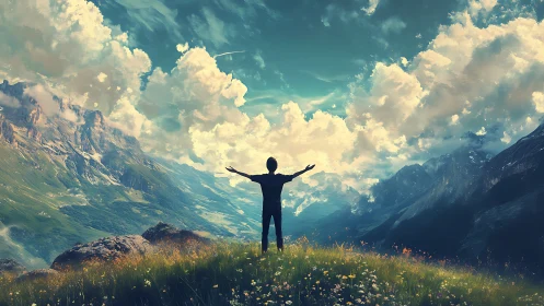 Silhouette stands on grassy ridge between digitally rendered peaks