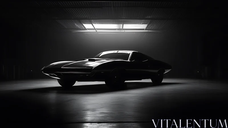Classic muscle car under harsh overhead garage lighting.