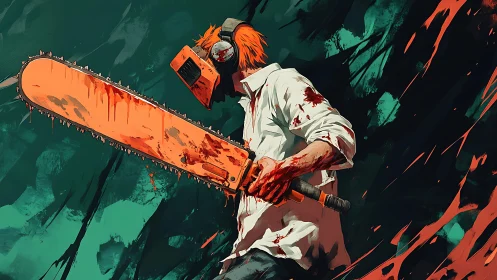 Bloodstained chainsaw fighter in stylized dynamic pose.