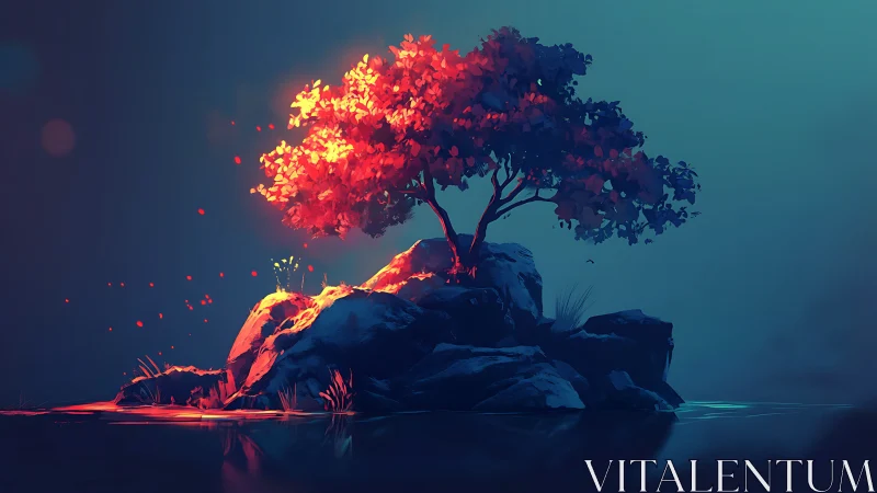 Luminous red tree crowns a tranquil twilight island scene.