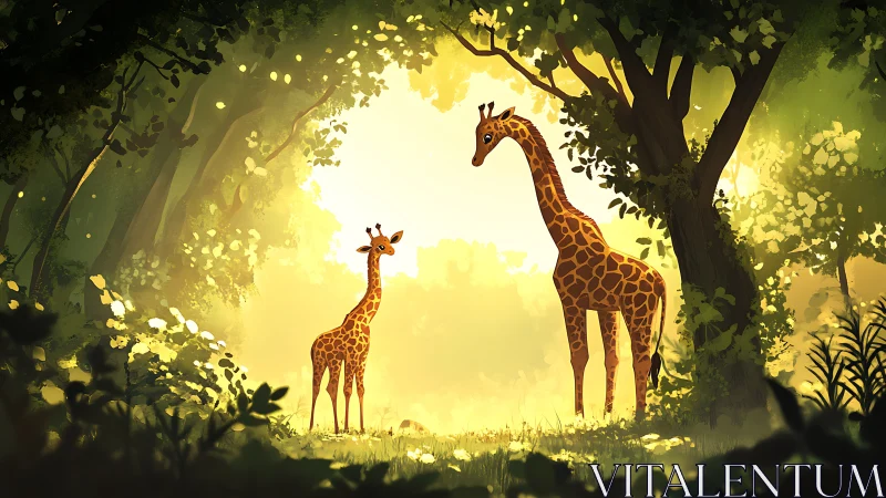 Sunlit giraffe pair stands in stylized forest clearing