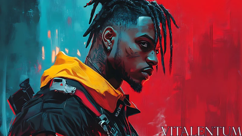 Neon storm warrior cuts through red and teal silence