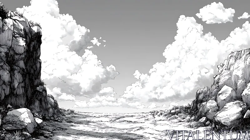 Monochrome coastal cliffs under towering summer clouds.