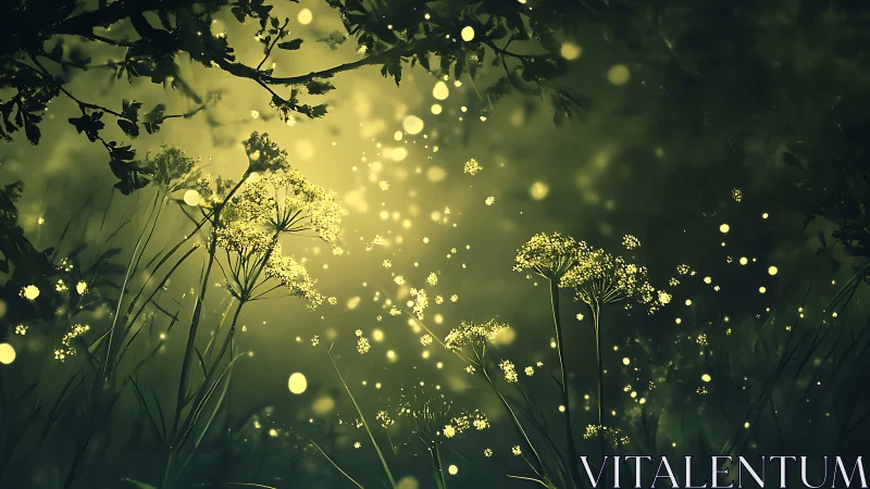 Glowing forest wildflowers under floating light orbs at dusk.